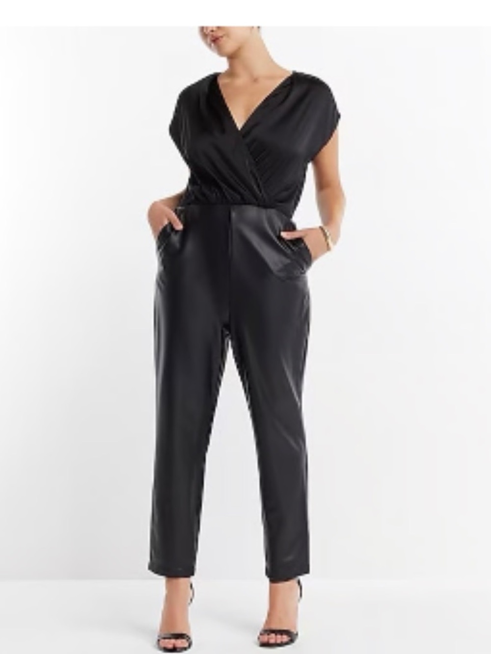 Express Black Faux-Leather V-Neck Jumpsuit